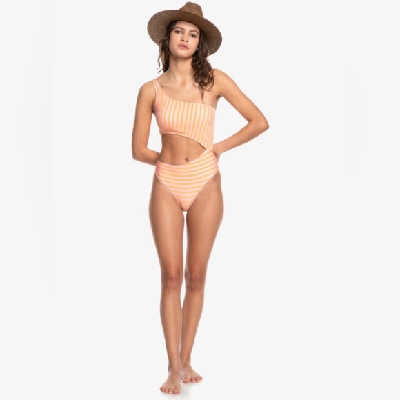 Quicksilver Asymmetrical One Shoulder Striped Coral One Piece Swimsuit - Picture 6 of 11